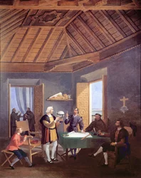 Christopher Columbus, accompanied by his son, Diego, explains his exploration plans to the prior of the Franciscan monastery of Santa Maria de la Rabida, the physician Garcia Fernandes and Alonso Pinz